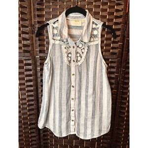Anthropologie Maeve Edinboro Linen Blouse‎ Blue/White Stripe Cotton Lace Trim S